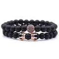 Set de pulseras de piedra negra mate con corona de oro rosa y bola con circonitas - Set de dos piezas / Corona Oro Rosa Negra Mate