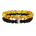 Elastic beaded bracelet set with amber-style resin and matte black stones with CZ crowns - Amber And Black Stone Set