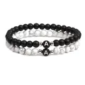 6mm matte black and white agate bead bracelets with letter A charm for couples - Letter A Set / 6mm (2-Piece Set) / Faux White Turquoise & Black