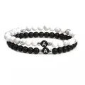 Set of two 6mm matte agate beaded bracelets with letter A charm for men and couples - Letter A Set / 6mm (2-Piece Set) / White Turquoise & Black