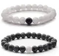 Minimalistisches schwarz-weißes Perlenarmband-Set mit weißer Riss-Textur für Damen und Herren - Vulkanisches Lavagestein-Perlenarmband-Set