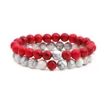 Set van twee kralenarmbanden met witte howliet en rode stenen kralen van 10 mm - Rood Turquoise + Wit Turquoise