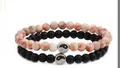 Couple beaded bracelet set with yin yang charm in matte black and marbled pink white - Red Network Stone and Matte Stone