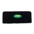 Detail of black knitted sports headband with green oval PPP letter logo patch - M (56-58cm) / Black