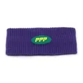 Detailed view of purple ribbed knit headband with a green logo patch for outdoor warmth - M (56-58cm) / Purple