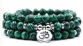 Green malachite beaded multi-wrap bracelet with silver Om charm for men - 108 Beads Style