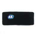 Macro shot of black knitted sports headband with a layered blue and green AE logo badge - M (56-58cm) / Letter Patch Sporty Style / Black