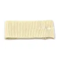 Detailed view of cream rib-knit headband featuring white embroidered letter branding - M (56-58cm) / Beige