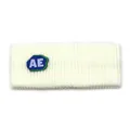 Detail of cream ribbed knit headband featuring a blue and green AE rubber logo patch - M (56-58cm) / Letter Patch Sporty Style / White