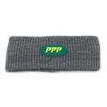 Detail of grey knitted winter headband featuring a green patch with yellow PPP lettering - M (56-58cm) / Gray