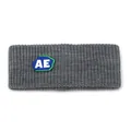 Close-up of grey ribbed knit headband featuring a blue and white AE logo patch detail - M (56-58cm) / Letter Patch Sporty Style / Gray