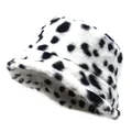 Detail of plush faux fur bucket hat featuring a vintage black and white cow print texture - M (56-58cm) / White