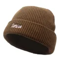 Détail d'un bonnet en maille marron avec broderie XyBlue blanche et texture côtelée - Marron / M (56-58cm)