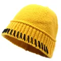 Close-up of bright yellow knit beanie featuring bold black contrast stitching on the brim - M (56-58cm) / Yellow