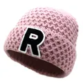 Detail of pink chunky knit beanie showing honeycomb texture and embroidered R patch - M / Pink