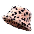Detail of plush faux fur bucket hat featuring a trendy pink and black leopard print pattern - M (56-58cm) / Pink