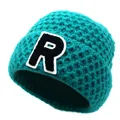 Close-up of turquoise knit beanie featuring a black letter R patch and honeycomb texture - M / Dark Blue