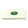 Winter white ribbed knit headband with green PPP rubber patch for sports and outdoor warmth - M (56-58cm) / White