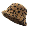 Chic leopard print faux fur bucket hat for women with warm plush material in brown and black - M (56-58cm) / Brown