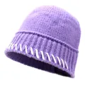 Purple striped knit winter hat for women with white decorative stitching accents - M (56-58cm) / Purple