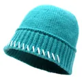 Detailed knit texture of a cyan winter beanie featuring white contrast stitching - M (56-58cm) / Blue