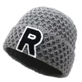 Detail of grey waffle knit beanie showing thick texture and embroidered R letter patch - M / Gray