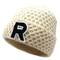 Creamy white cable knit beanie with letter R patch in a soft winter style for women - M / Khaki