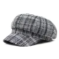 Classic black and white plaid tweed newsboy cap with vintage British octagonal style - M (56-58cm) / Gray