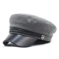 Vintage grey texture wool newsboy cap with black leather brim and silver metal buckle - M / Gray