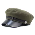 Close-up of army green canvas baker boy hat with black faux leather brim and rope detail - M / Green