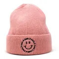 Close-up of pink ribbed knit beanie featuring black smile embroidery on the folded cuff - M (56-58cm) / Pink