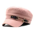 Detailed close-up of pink cotton military cap with golden horsebit metal hardware - M / Pink