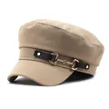 Close-up of khaki newsboy hat with a black leather strap and gold horsebit buckle detail - M / Khaki