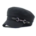 Detail of a black navy cap featuring a decorative gold horsebit metal buckle and strap - M / Black