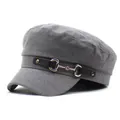 Classic grey baker boy cap for women featuring a stylish leather strap and horsebit detail - M (56-58cm) / Naval Hat with Metal Horsebit (Gray) / Gray