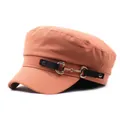 Chic brick red navy cap for women with black leather band and golden horsebit buckle - M (56-58cm) / Naval Hat with Metal Horsebit (Orange) / Orange