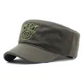 Men's army green flat top military hat with tactical embroidery and cotton fabric - M (56-58cm) / Green
