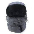 Close-up of winter trapper hat with faux fur trim and integrated breathing valve mask - M / Gray