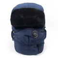 Close-up of a navy winter trapper hat with artificial fleece lining and a breather valve mask - M / Navy Blue