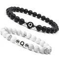 6mm matte black onyx and white marble turquoise beaded bracelets with letter Q charm - Letter Q Set / 6mm (2-Piece Set) / Matte Black & White Turquoise