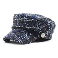 Classic blue and black plaid tweed newsboy hat with braided cord and anchor button detail - M / Blue