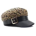 Gorra militar de leopardo para mujer con visera de cuero sintético y hebilla dorada - M (56-58cm) / Marrón