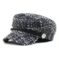 Women's vintage black and white tweed baker boy hat with silver anchor button details - M / Black