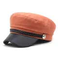 Brick red cotton sailor cap with black leather brim and silver side button details - M (56-58cm) / Orange