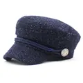 Classic navy blue tweed baker boy hat with silver metallic glitter and button detail - M (56-58cm) / Navy Blue