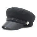 Classic black military newsboy cap with cotton crown and leather brim shown in 45-degree view - M (56-58cm) / Black
