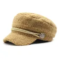 Khaki teddy fleece newsboy cap with gold braided rope and vintage metal button detail - M(56-58cm) / Khaki