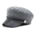 Women's dark gray cotton flat top military hat with black leather brim and silver button - M (56-58cm) / Gray