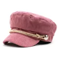 Detailed close-up of pink corduroy newsboy hat with golden braided rope and metal buckle - M (56-58cm) / Pink