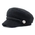 Women's warm black sherpa newsboy cap with braided rope and silver metal button detail - M(56-58cm) / Black